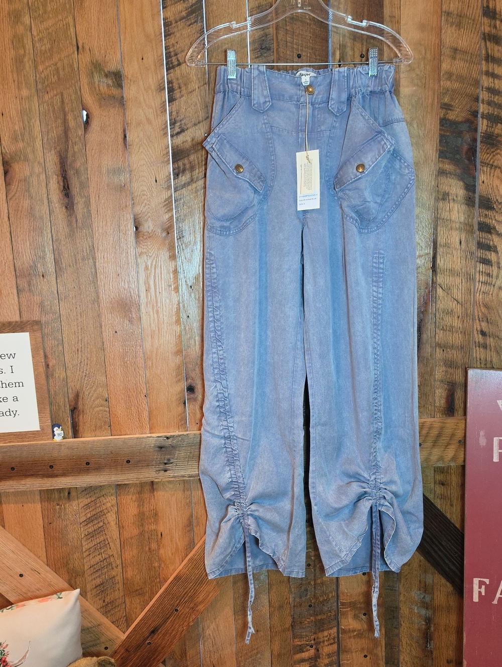 244p Blue Velvet  Blue Cargo Drawstring Hem Pants
